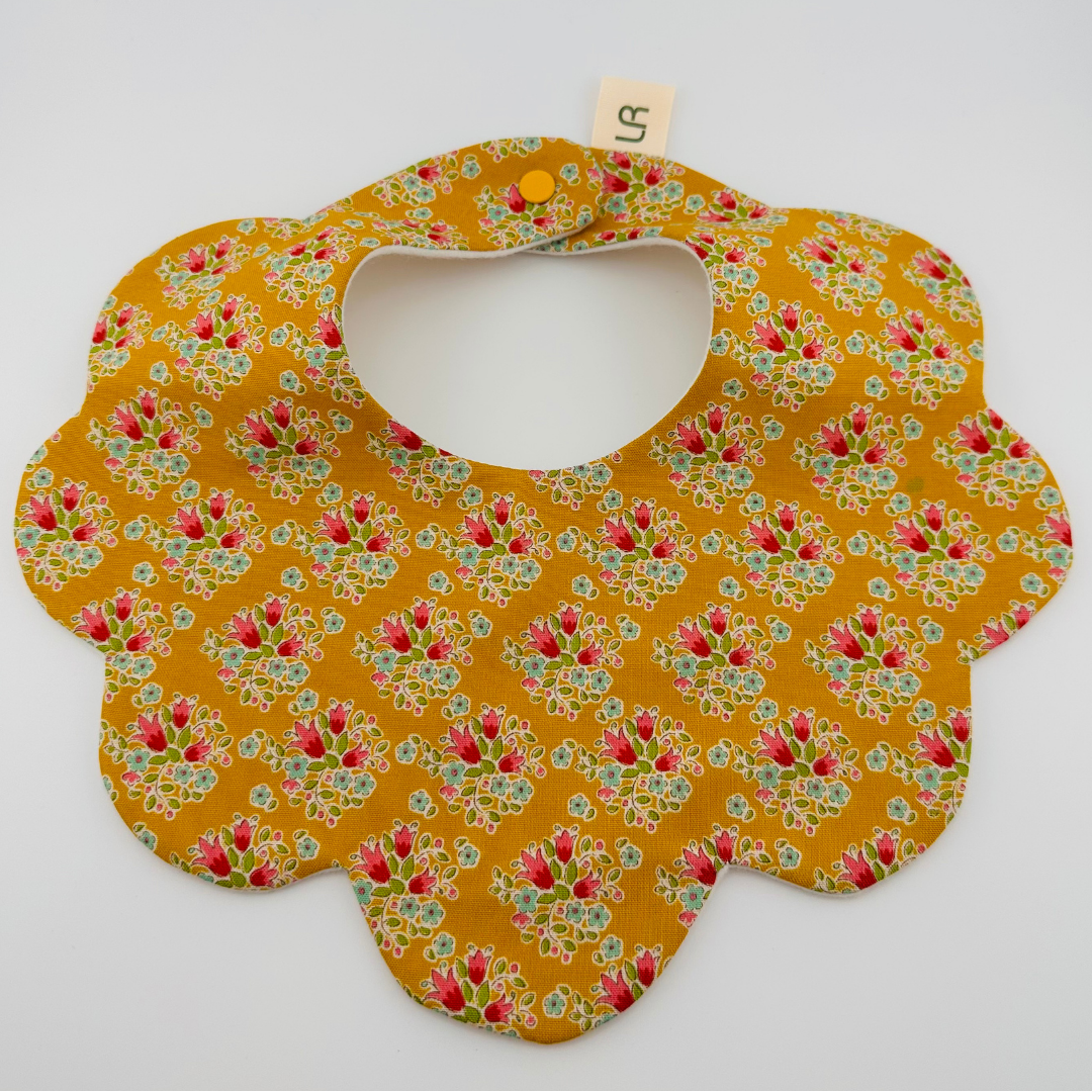 Scalloped Baby Bib – Mustard and Red Floral Print