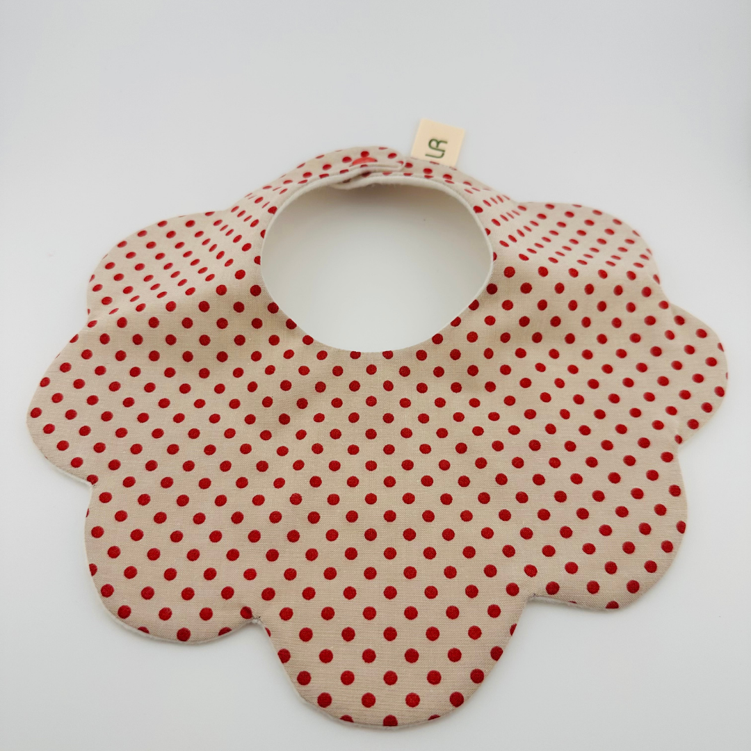 Scalloped Baby Bib – Beige and Red Polka Dot Print