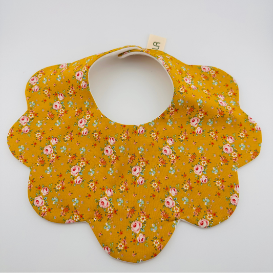 Scalloped Baby Bib – Mustard Floral Print