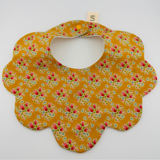 Scalloped Baby Bib – Mustard and Red Floral Print