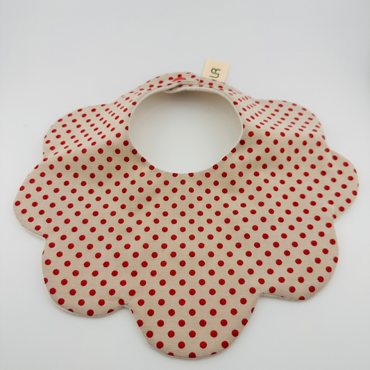 Scalloped Baby Bib – Beige and Red Polka Dot Print
