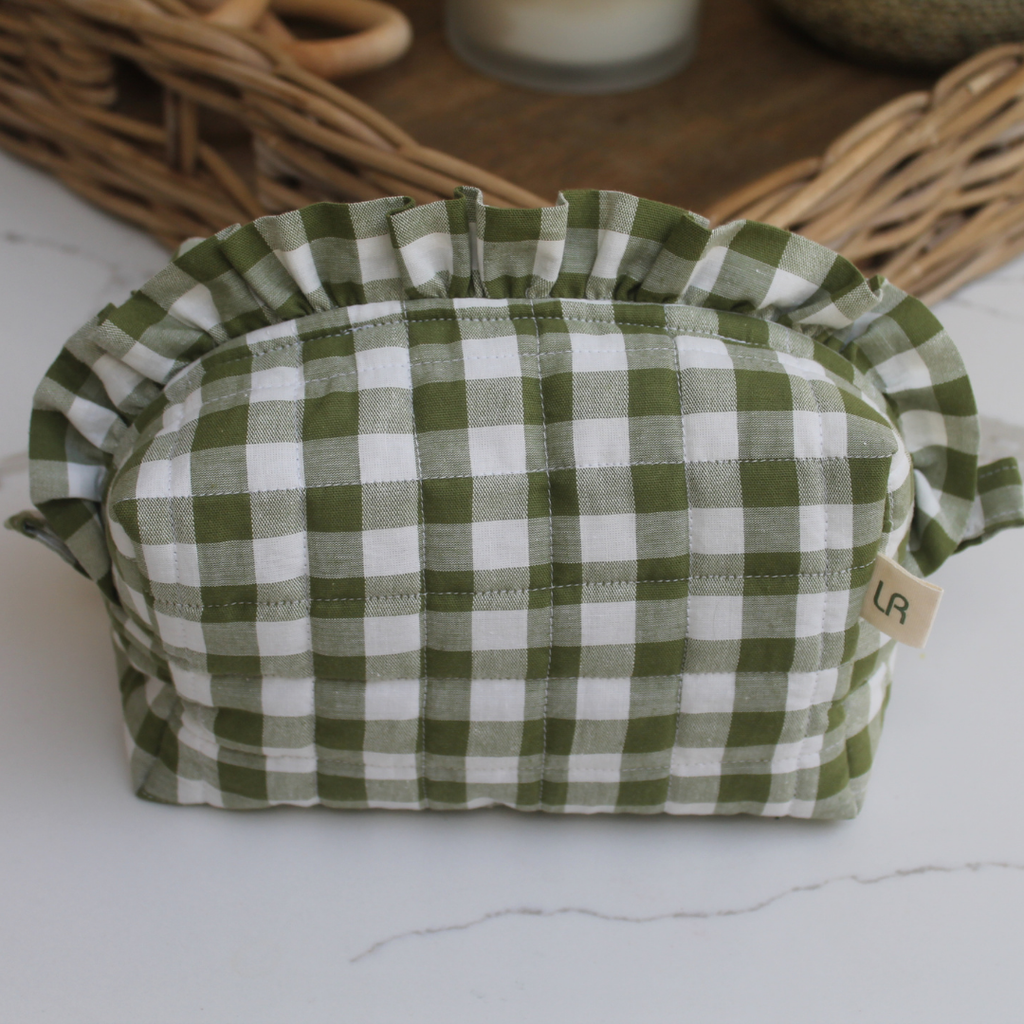 Handmade Ruffle Cosmetic Pouch Green Gingham