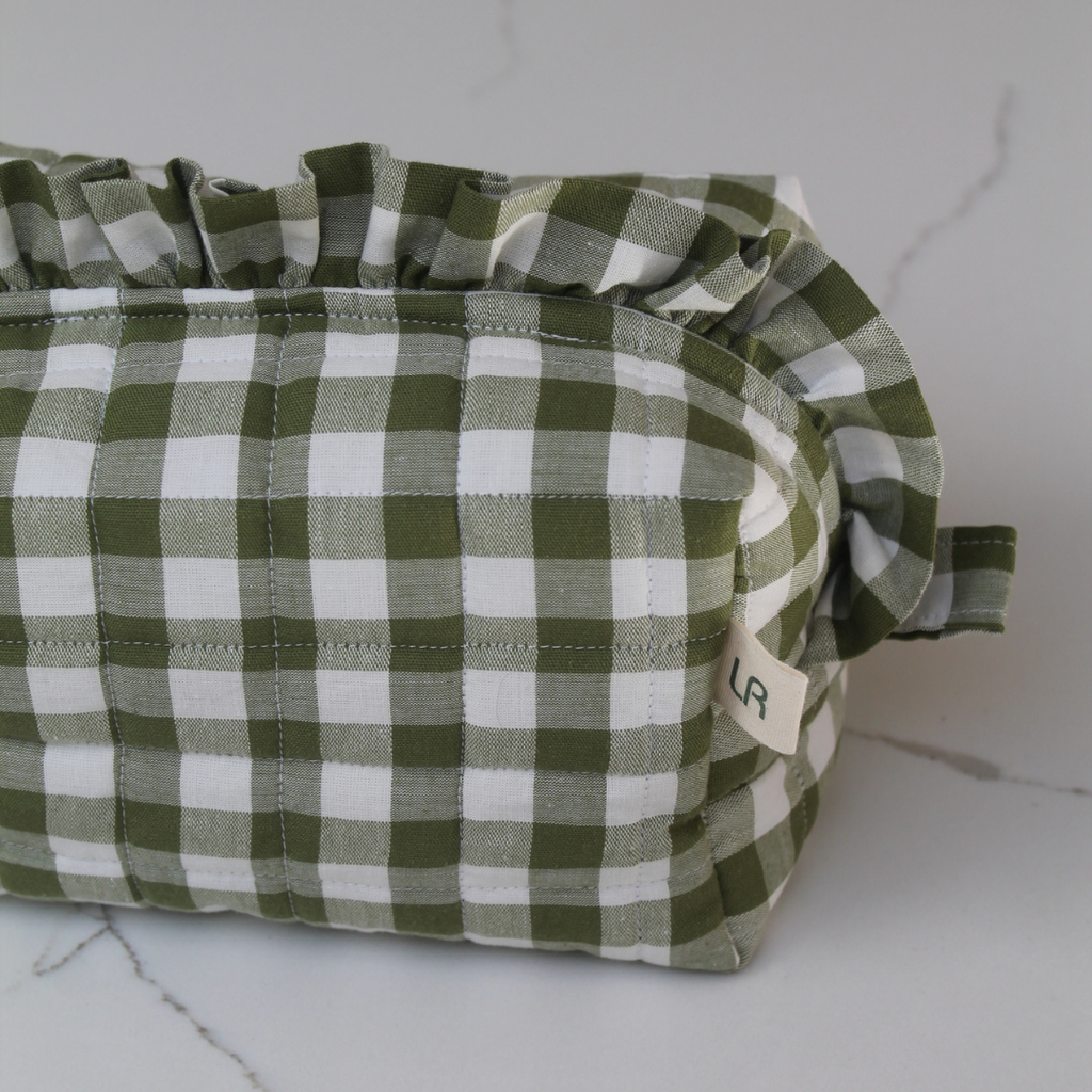 Handmade Ruffle Cosmetic Pouch Green Gingham