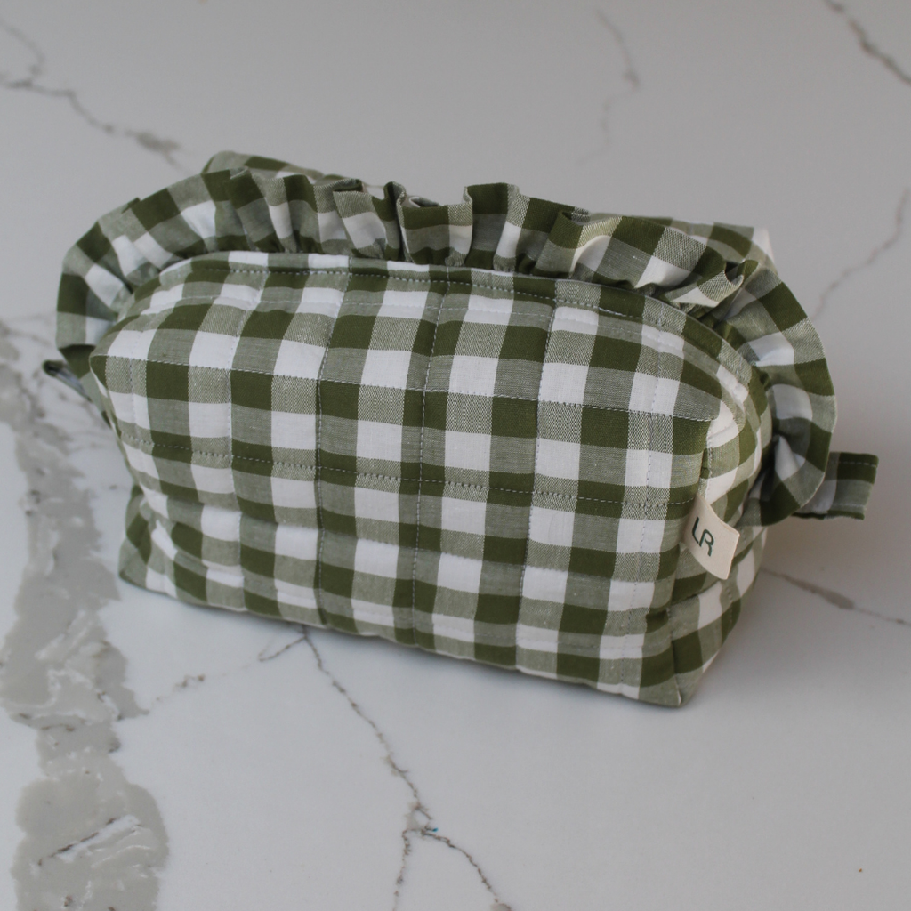 Handmade Ruffle Cosmetic Pouch Green Gingham