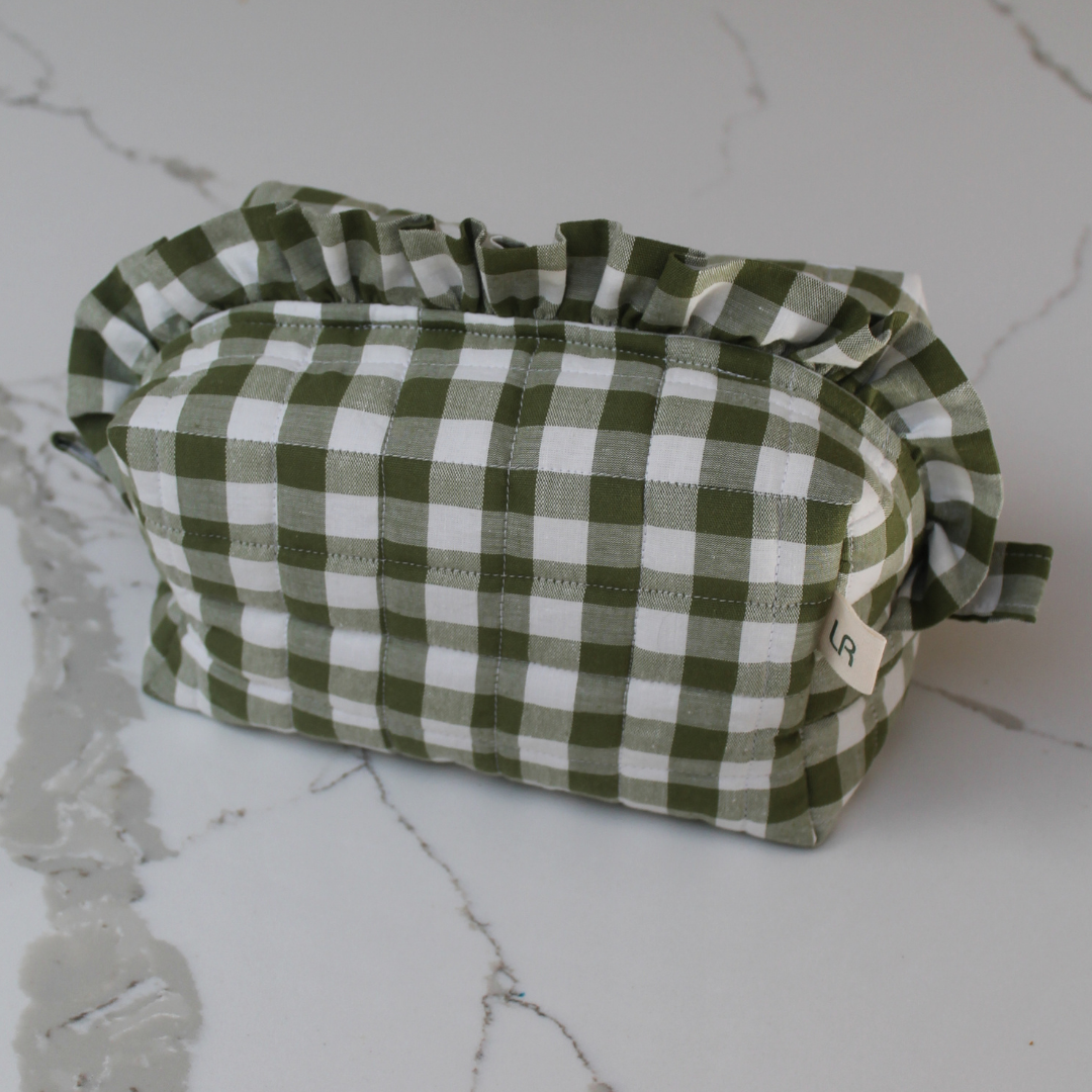 Handmade Ruffle Cosmetic Pouch Green Gingham