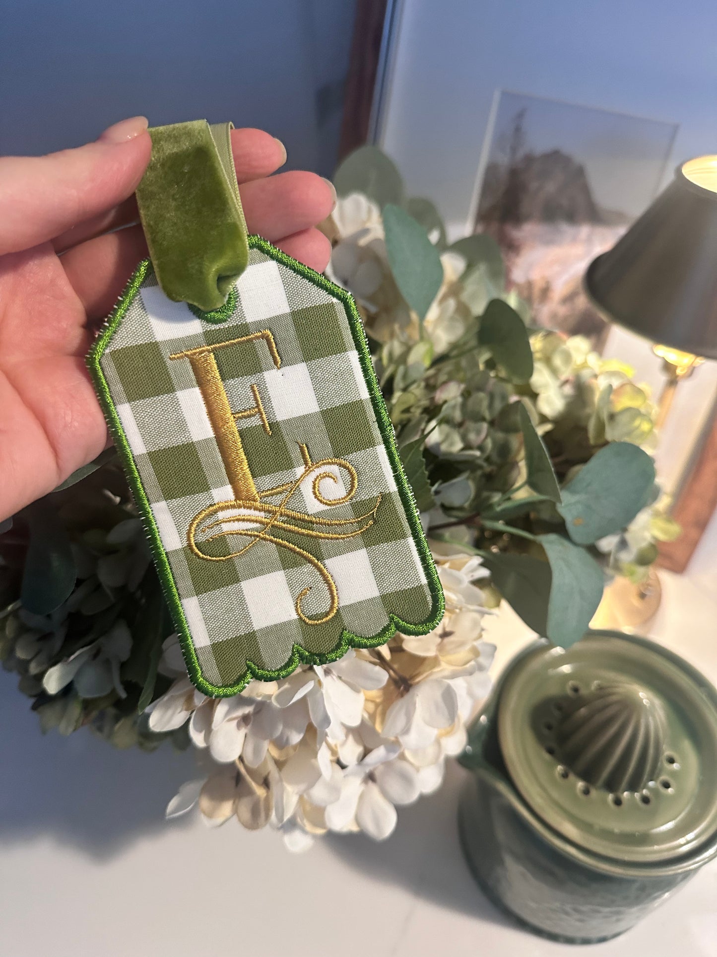 Olive Gingham Monogram Tag