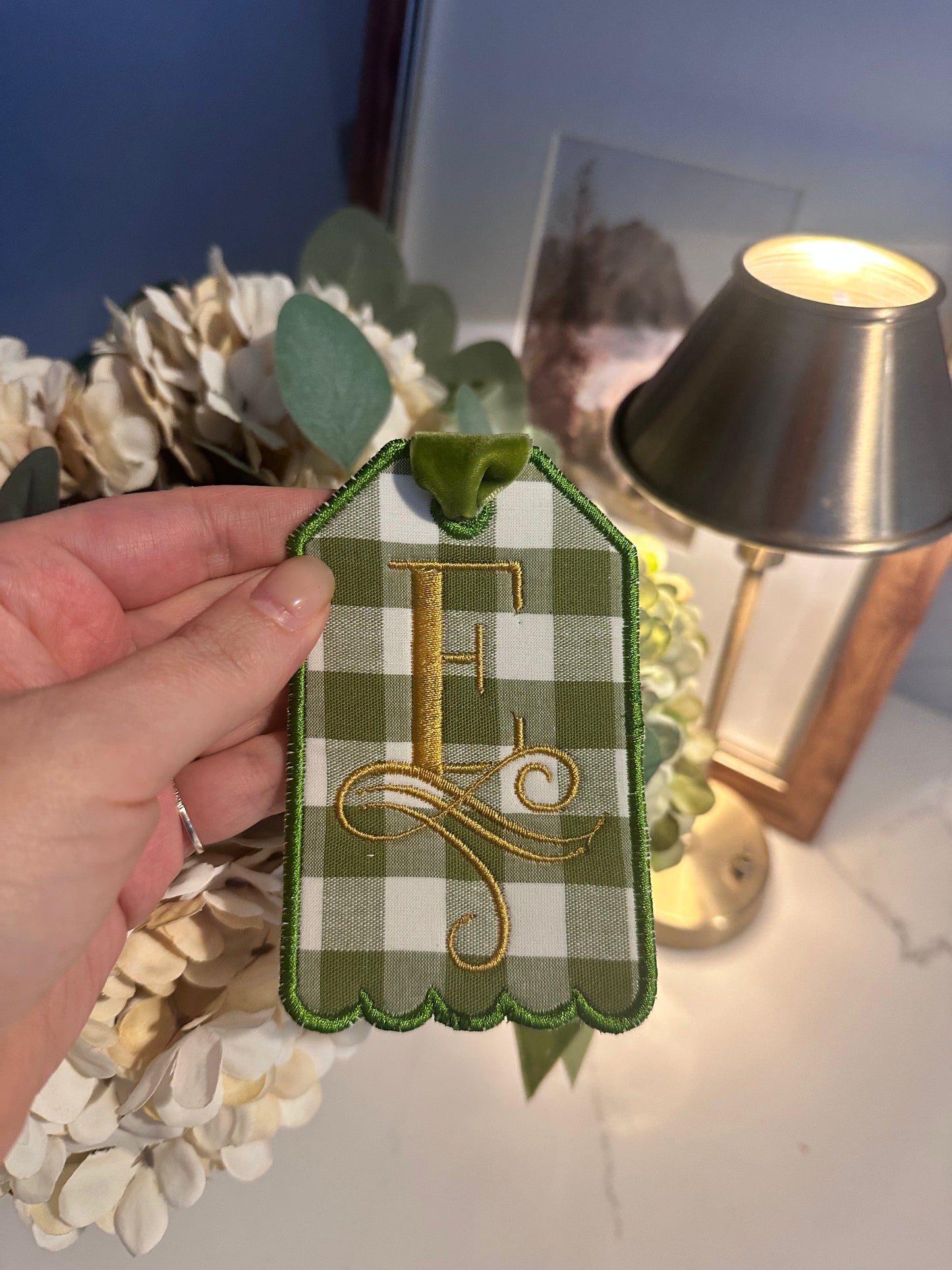 Olive Gingham Monogram Tag